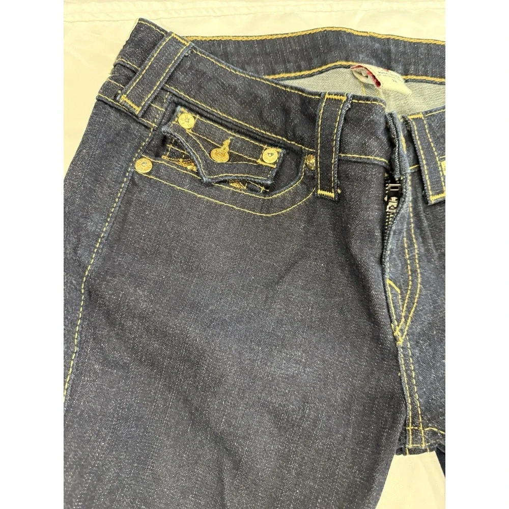 Women's True Religion High-Rise Bootcut Dark Wash Flap Pocket Thick Stitch Sz 32